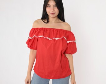 Vintage Red Peasant Shirt 80s Off Shoulder Blouse Western Puff Sleeve Lace Boho Top Cottagecore Square Dance Bohemian Hippie 1980s Small S