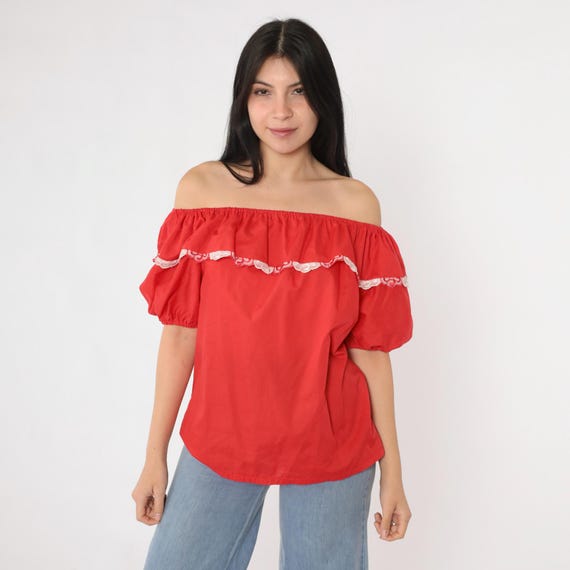Vintage Red Peasant Shirt 80s Off Shoulder Blouse Western Puff Sleeve Lace Boho Top Cottagecore Square Dance Bohemian Hippie 1980s Small S