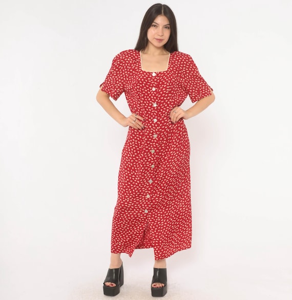 90s Red Floral Maxi Dress Button Front Square Neck Lace Trim Short Sleeve Prairie Cottagecore Ditsy Cream Cherry Summer Vintage Large L