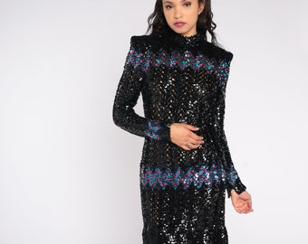 80s Sequin Dress Sheer Black Party Power Shoulders Pencil Dress Long Sleeve Bodycon Going Out Formal Sparkly Vintage Glam Cocktail Small S