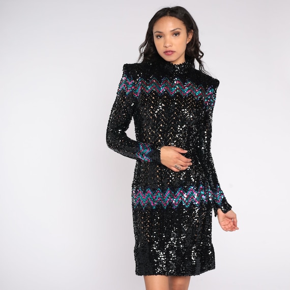 ワンピース 80s PX LONDON SPARKLE BLACK DRESS 80s Sequin Dress Sheer Black Party Power Shoulders Pencil