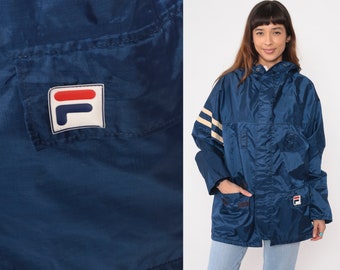 Fila Windbreaker Jacket 90s Hooded Streetwear Jacket Dark Blue Sports Warm Up Hoodie Jacket Vintage 1990s Retro Warmup Streetwear Large xl