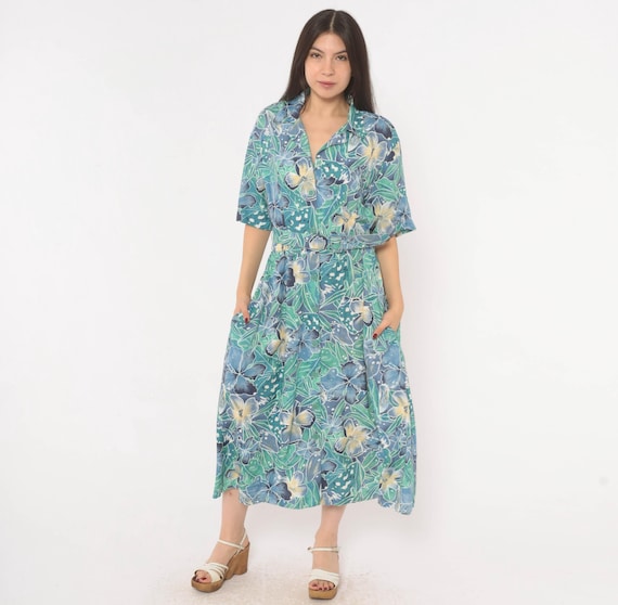80s Tropical Floral Shirtdress Blue Green Botanical Button Front Belted Waist Short Sleeve Summer Garden Hawaiian Dress Vintage Medium M