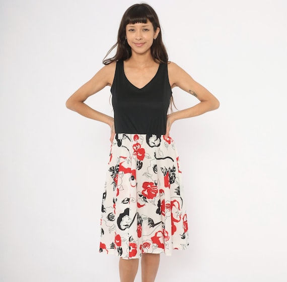 70s Floral Sundress Strawberry Print Black Red White Sleeveless Summer Spring Flower Tank Dress Fit Flare Colorblock Cream Vintage Medium M