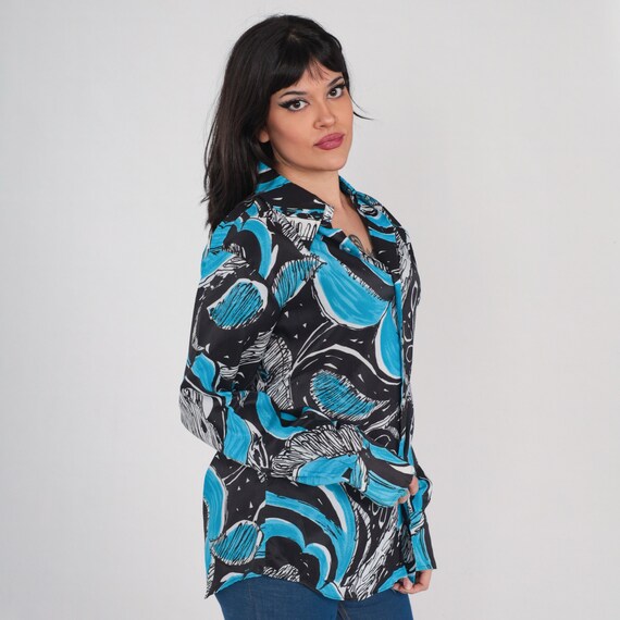 70s Leaf Shirt Retro Disco Shirt Button Up Top Groovy Abstract Print Dagger Collar Boho Hippie Blue Black Long Sleeve Vintage 1970s Large L