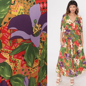 Tropical Floral Dress 90s Dolman Sleeve Maxi Boho Hippie V Neck Shirtdress 1990s Vintage Elastic Waist Button Up Green Red Purple Large image 1