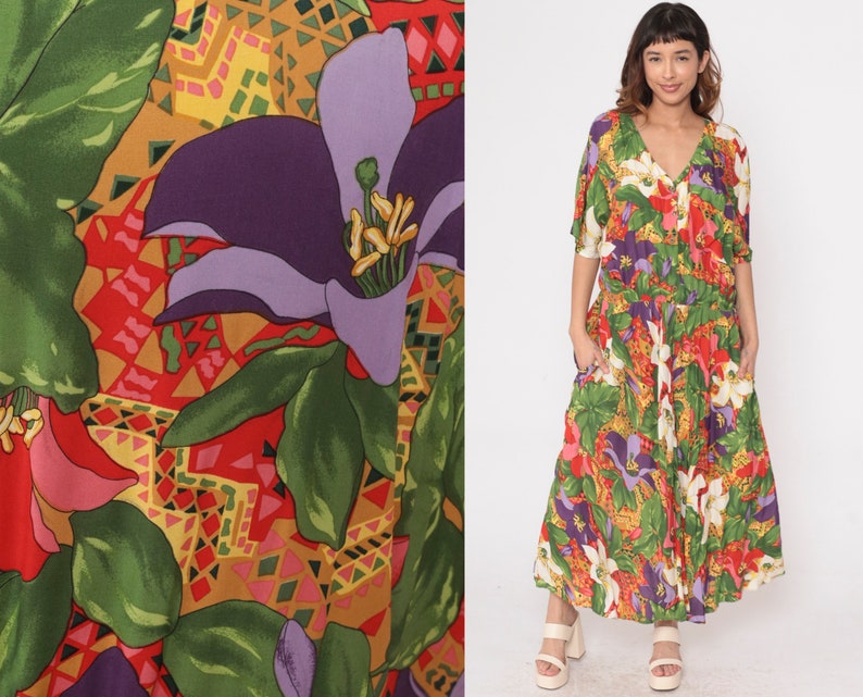 Tropical Floral Dress 90s Dolman Sleeve Maxi Boho Hippie V Neck Shirtdress 1990s Vintage Elastic Waist Button Up Green Red Purple Large image 1