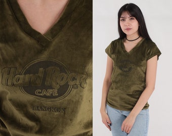 Hard Rock Cafe Shirt Y2k Green Velour Top V Neck T-Shirt Logo Graphic Tee Retro Cap Sleeve Velvet Tshirt Tourist Travel Vintage 00s Medium M