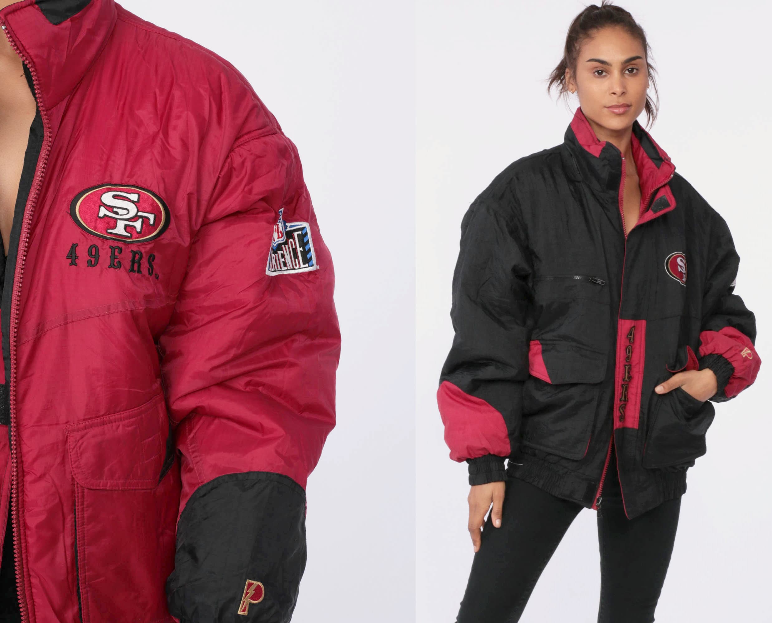 49ers Jacket Football REVERSIBLE NFL Jacket 90s San Francisco Sports Forty Niners  Jacket Black Streetwear Coat Vintage Retro Medium Large