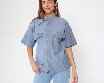 Koszula z guzikami Chambray Denim Shirt 90s Blue Jean Short Sleeve Hipster Oxford 1990s Button Down Vintage Męska Średnia