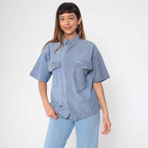 Chambray Button Up Shirt Denim Shirt 90s Blue Jean Short Sleeve Hipster Oxford 1990s Button Down Vintage Men's Medium