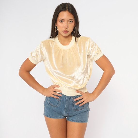 80s Cream Velvet Top Crushed Velour Short Sleeve Blouse Pale Yellow Ribbed Banded Hem Puff Shoulder Blouson Cropped Fitted Vintage Small S