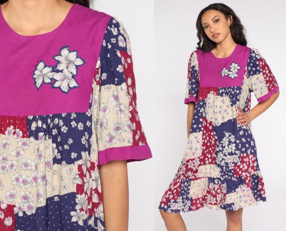 80s Boho Dress Midi Patchwork Floral Print Tunic … - image 1