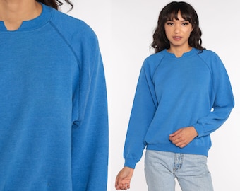 80s Sweatshirt Blue Crewneck Sweatshirt Raglan Sleeve Plain Long Sleeve Shirt Slouchy 1980s Vintage Sweat Shirt Normcore Medium Large
