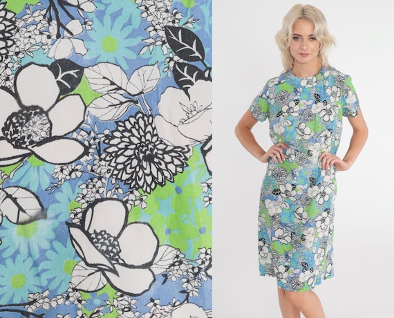 60s Floral Dress Mod Mini Dress Blue Green Flower Print Shift Round Collar Twiggy Groovy Short Sleeve Vintage 1960s Black White Medium