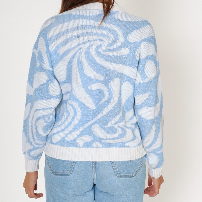 Swirl Print Sweater 80s Baby Blue White Pullover Knit Ringer Sweater