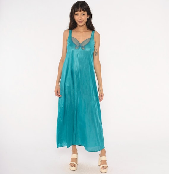 70s Butterfly Mesh Nightgown Teal Slip Dress Sleeveless Aqua Turquoise Lingerie Satin Sheer Applique V Neck Undercover Wear Gown Small S