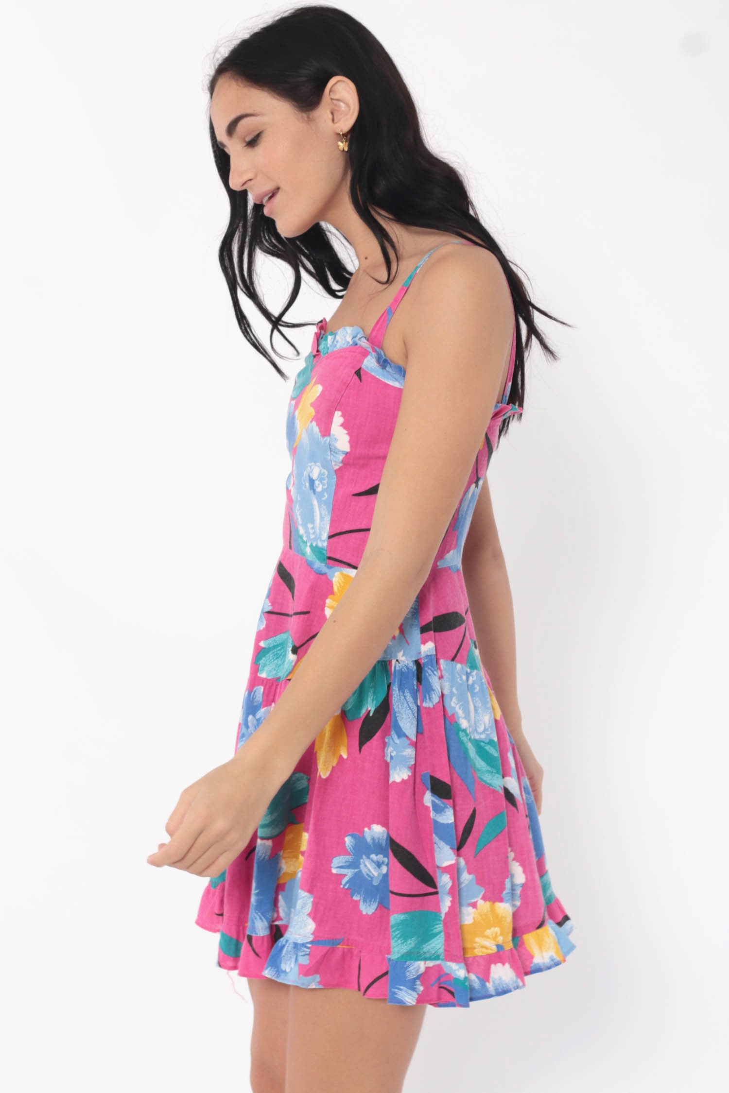 Tropical Sun Dress Mini Pink Floral Print 80s High Waist Sundress