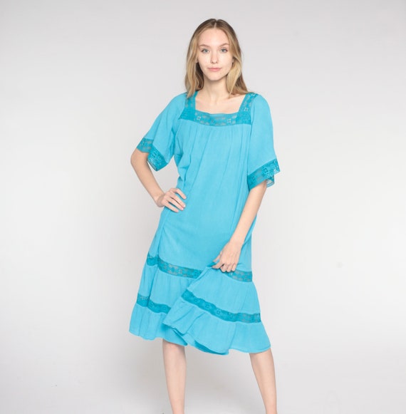 Vintage Blue Cotton Dress 80s Midi Dress Boho Crochet Trim Sundress Peasant Flowy Tent Hippie Summer Tiered Dress 1980s Small Medium Large