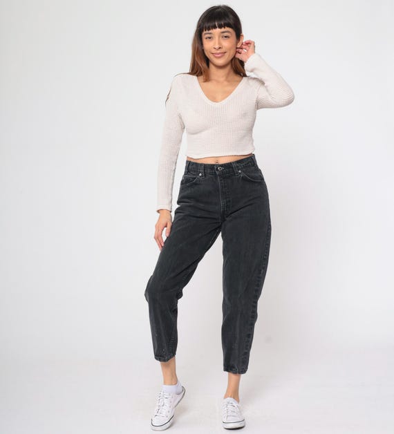Vintage Levi 550 Jeans 90s Black Tapered Mom Jeans Paint Splatter High Waisted Ankle Denim Pants Straight Leg Levis Strauss 1990s 32 x 32