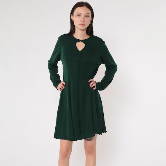 Vintage 90s Keyhole Dress Dark Green Lettuce Edge Hem Mini Peekaboo A-Line Fit and Flare Button Up Grunge Long Sleeve 1990s Dress Medium