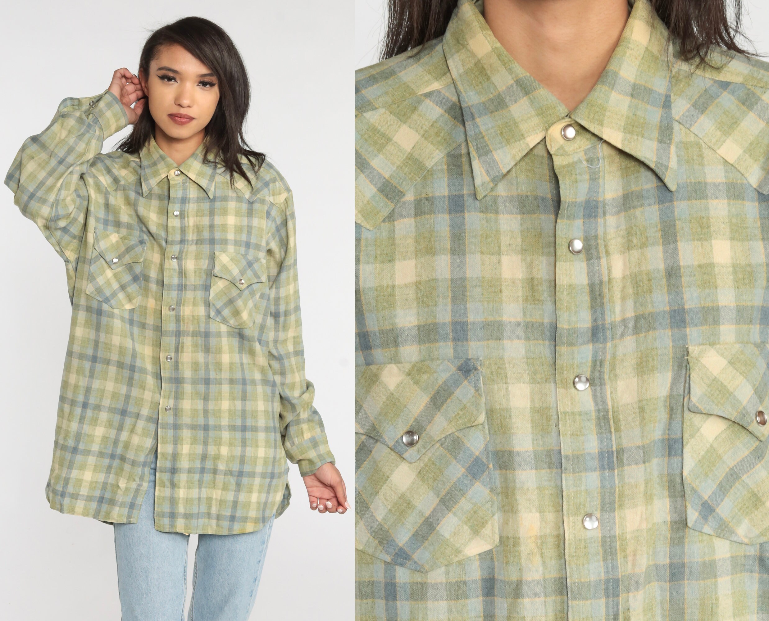 Wool Pendleton Shirt 70s Green Plaid Button Up Pearl Snap Western