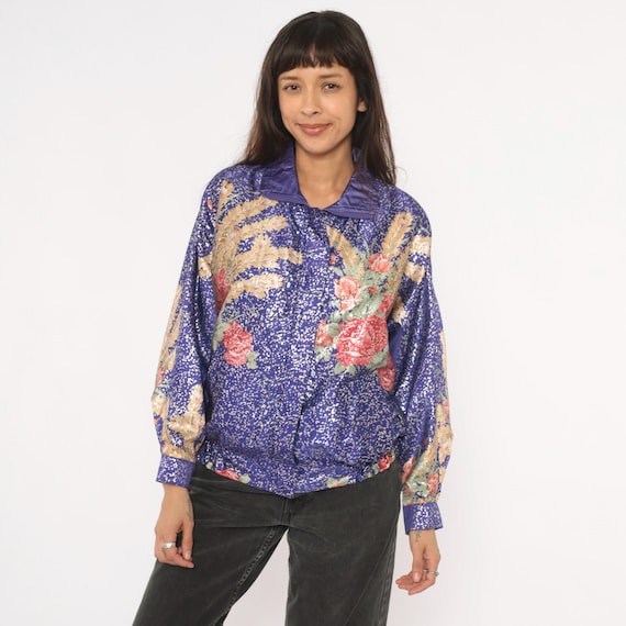 Floral Metallic Bomber 90s Purple Gold Rose Reversible Jacket Violet Satin Lined Speckled Brocade Collared Windbreaker Coat Small Medium S M