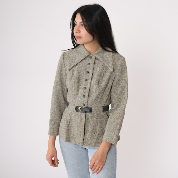 60s Jacket Grey Flecked Suit Jacket Dagger Collar Blazer Button Up Preppy Mad Men Tailored Belted Retro Vintage 1960s Extra Small xs