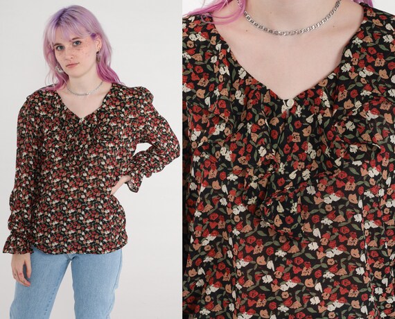 Floral Ruffle Shirt Y2K Romantic Blouse Boho Long Sleeve Collared Top Ditsy Flower Print Hippie Bohemian Red Green Black Vintage 00s Medium