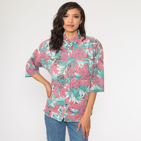 Tropical Floral Shirt Green Pink Hawaiian Blouse Button Up 80s Vintage Surfer Vacation Short Sleeve Leaf Print Retro Top 90s Medium Large