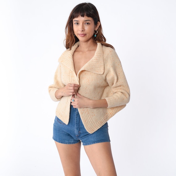 Cream Cardigan 70s Open Front Sweater Orange Flecked Knit Wool Blend Collared Retro Boho Fall Simple Basic Cropped Mod Vintage 1970s Small S