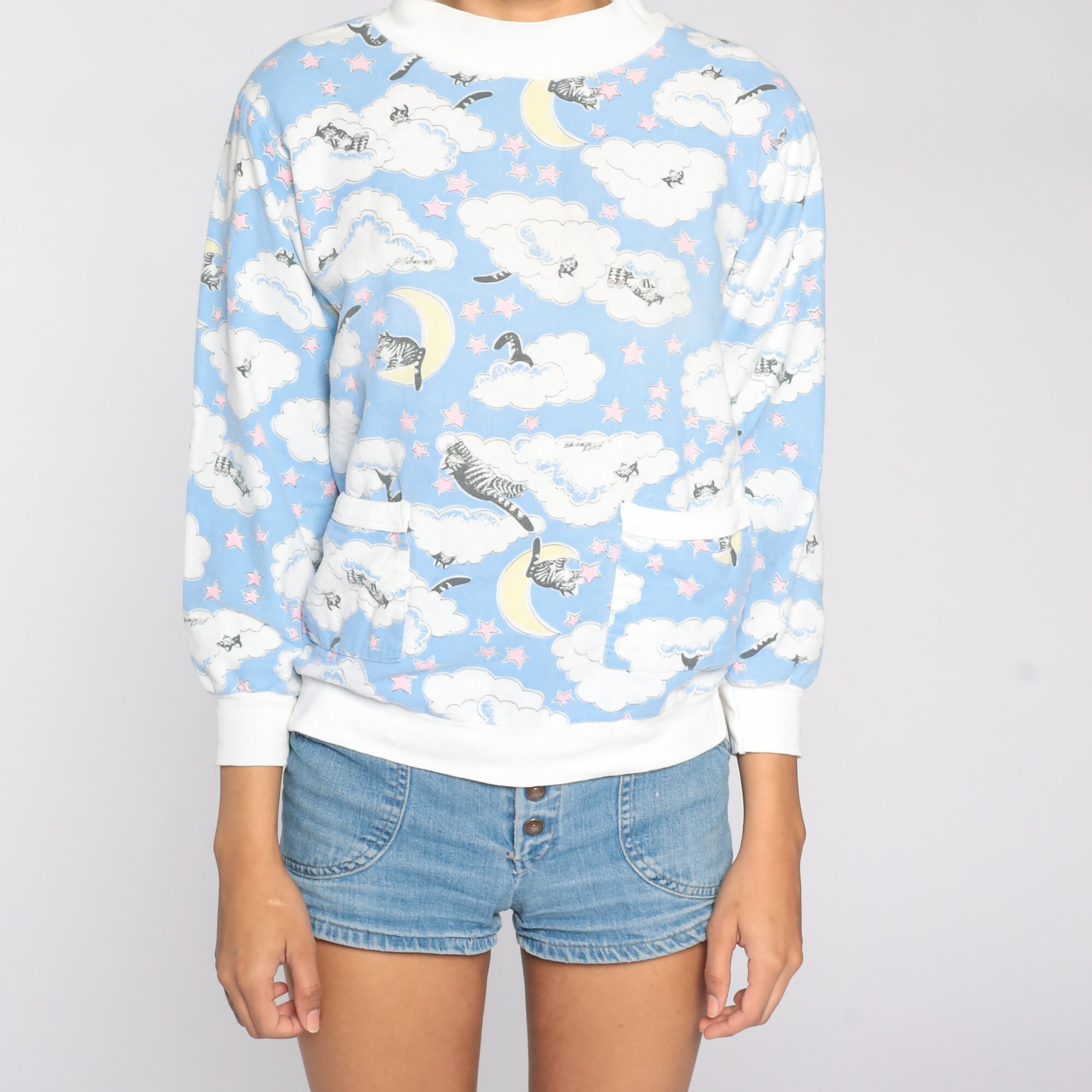 80s-kliban-cat-shirt-cloud-moon-shirt-pajama-shirt-cartoon-animal-comic