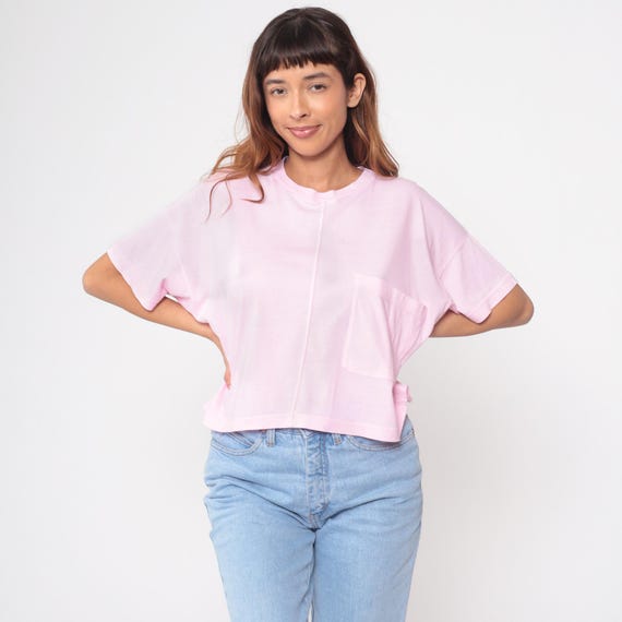 Pink Pocket Tee 90s Cotton Short Sleeve Crew Cropped Baby Blush Shirt Pastel Minimalist Soft Grunge Clean Girl Aesthetic Vintage Large L