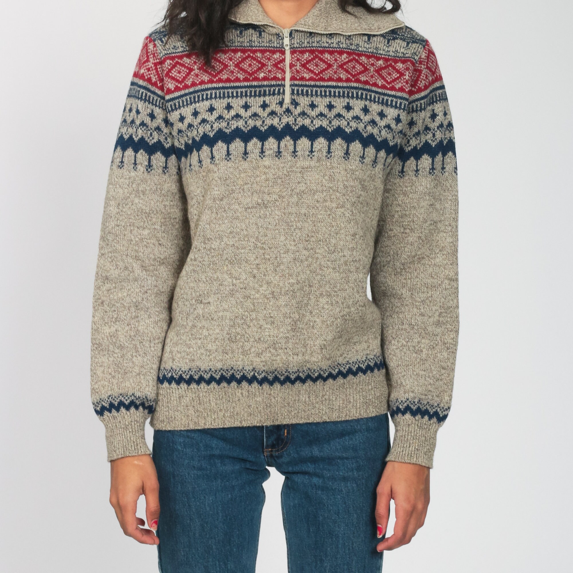 Fair Isle Wool Sweater 80s Taupe Sweater Quarter Zip Knit Jumper Nordic ...