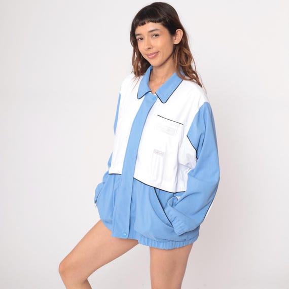 90s Color Block Windbreaker Blue White Track Jacket Button Front  Vintage Sporty Athletic Long Sleeve Pockets Collar Large L