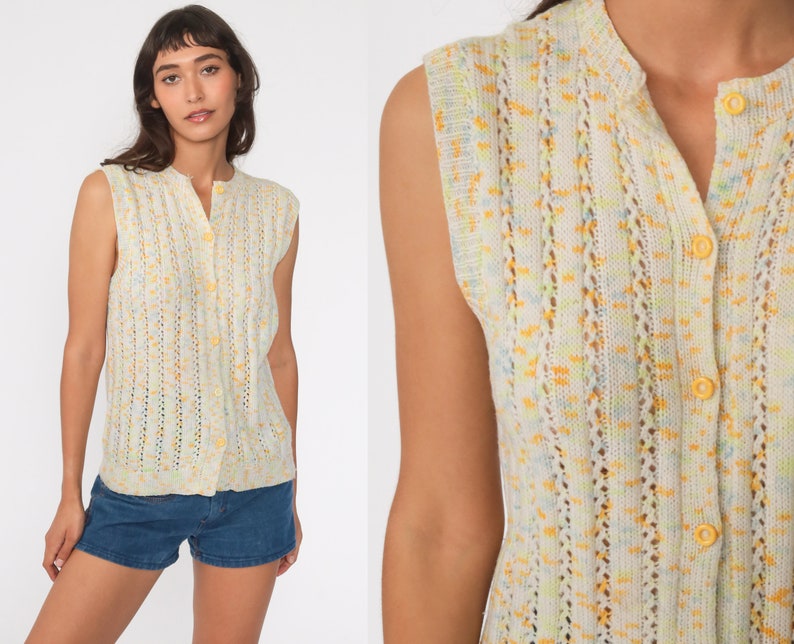 Flecked Sweater Vest Top Confetti Button up Sweater 80s Boho Knit Hippie Top Vintage Pointelle Grandma Sweater Granny Sleeveless Small S