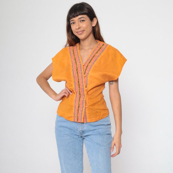 Orange Rococo Striped Blouse Rhinestone Button Up Shirt Y2K Retro Short Dolman Sleeve Top V Neck Button Down Vintage 00s Extra Small xs