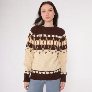 Vintage 80s Nordic Style Sweater Brown Cream Geometric Knit Pullover Marled Yarn Acrylic Jumper 1980s Winter Boho Raglan Sleeve Medium M