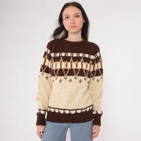 Vintage 80s Nordic Style Sweater Brown Cream Geometric Knit Pullover Marled Yarn Acrylic Jumper 1980s Winter Boho Raglan Sleeve Medium M