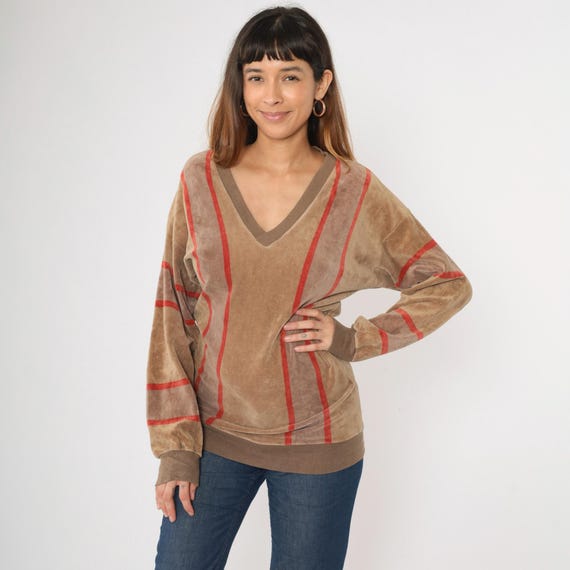 Vintage 80s Velour Sweatshirt Brown Red Striped Sweater Slouchy Long Sleeve V Neck Pullover Shirt 1980s Retro Small S