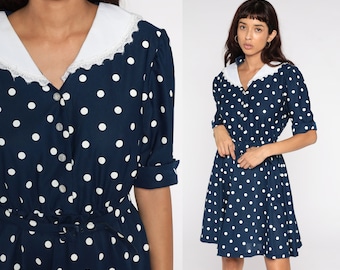 Polka DOT Dress Blue Dress 80s Button Up White Contrast Collar High Waisted Shirtdress Mini 1/2 Sleeve 1980s Vintage Flared Medium Large