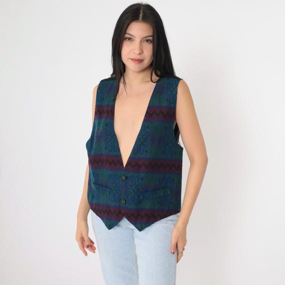 90s Geometric Vest Zig Zag Striped Southwestern Vest Button Up Sleeveless V Neck Blue Green Purple Boho Hippie Vintage 1990s Medium