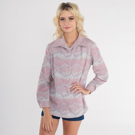 70s Boho Shirt Pink Grey Zig Zag Striped Blouse Psychedelic Top Hippie 1970s Vintage Bohemian Button Up Long Sleeve Dagger Collar Large L