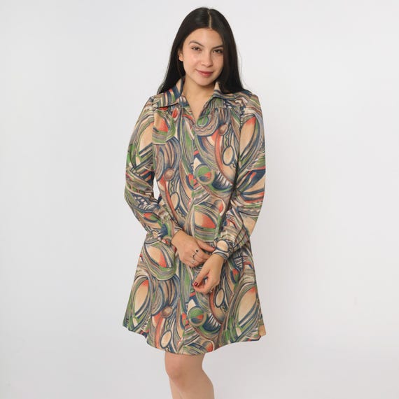 70s Geometric Hippie Dress Vintage Boho Abstract Print Shift Dress Hippie Bohemian Long Sleeve Mini Length 1970s Medium M