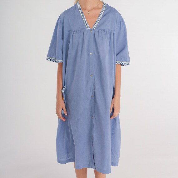 80s Lounge Dress Blue Pajama Dress Floral Embroid… - image 7