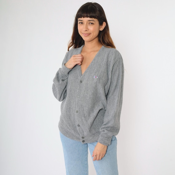 Vintage Turtle Cardigan Sweater 80s Grey Preppy V Neck Button Up Sweater 1980s Slouchy Nerd Geek Plain Men's Large