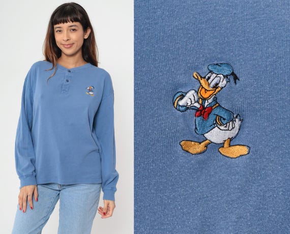 Donald Duck Henley Shirt Y2K Disney Blue Cotton Top Embroidered 90s Vintage Casual Streetwear Graphic Periwinkle Long Sleeve Medium M