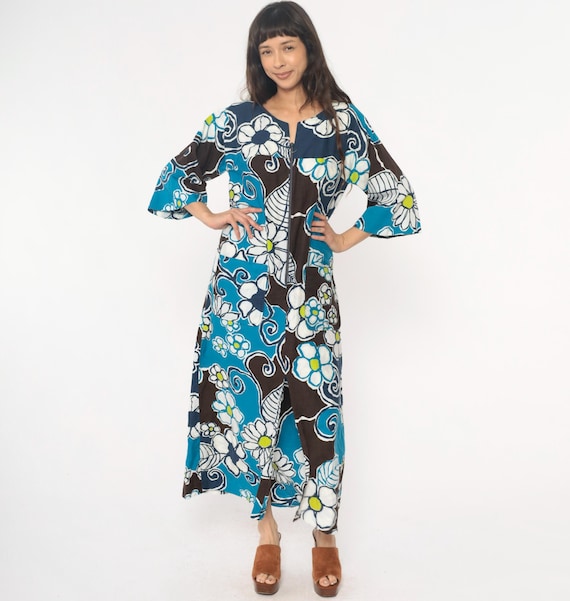 70s Floral Maxi Dress Zip Front Daisy Leaf Print Blue Black White Yellow Cotton Blend Psychedelic Cottagecore Muumuu Garden Vintage Large L