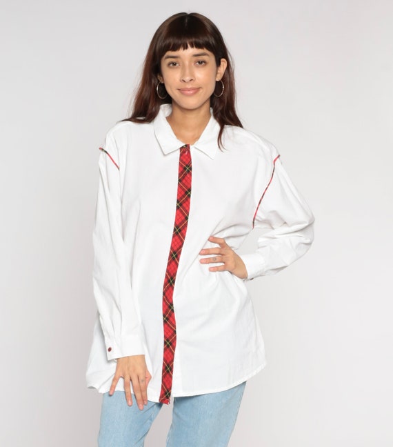 Plaid Trim Blouse 90s White Collared Shirt Hidden Button Up Top Retro Preppy Uniform Boho Long Sleeve Secretary Vintage 1990s Gitano Large L