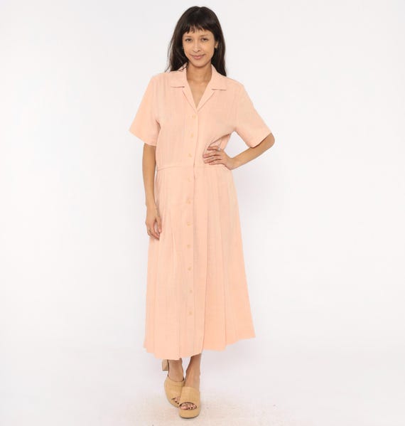 80s Peach Pleated Shirtdress Cotton Notched Collar Camp Shirt Dress Blush Salmon Short Sleeve V Neck Prairie Cottagecore Vintage Large L